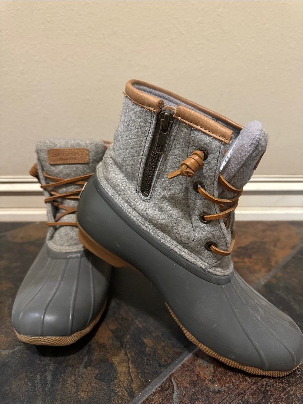 Sperry Gray Wool-Trim Duck Boots with Tan Leather Accents